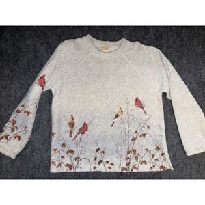 Artisans Cardinal Bird Fleece Sweater Cottagecore Woodland Winter Pullover L